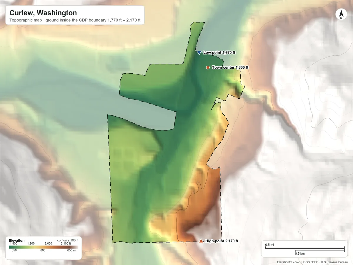 Topographic elevation map of Curlew, Washington, shaded from 1,770 ft near the middle to 2,170 ft at the foot of the Kettle River Range
