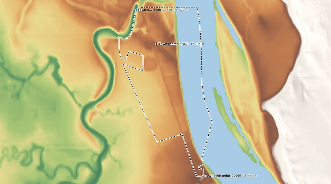 Topographic elevation map of Cusick, Washington, shaded from 2,030 ft on the northwest side to 2,060 ft on the south side