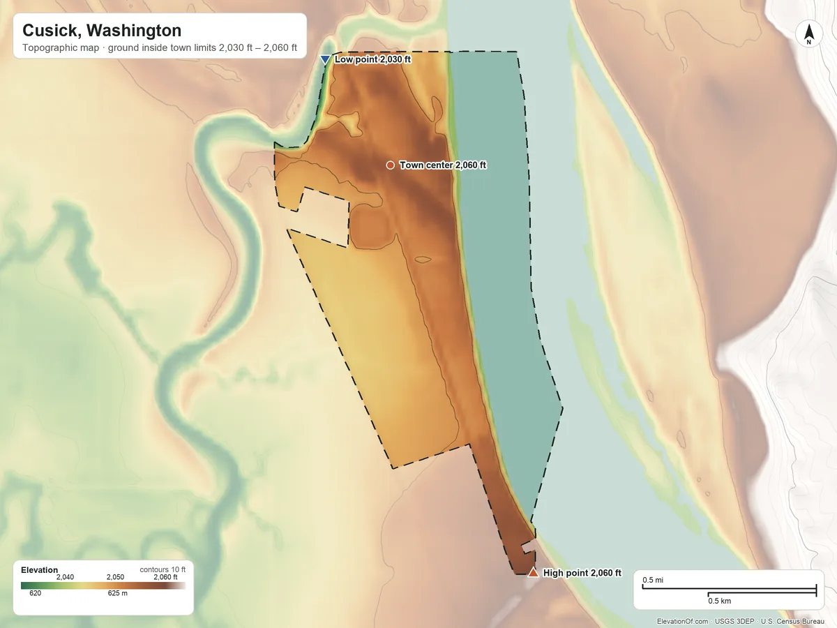 Topographic elevation map of Cusick, Washington, shaded from 2,030 ft on the northwest side to 2,060 ft on the south side