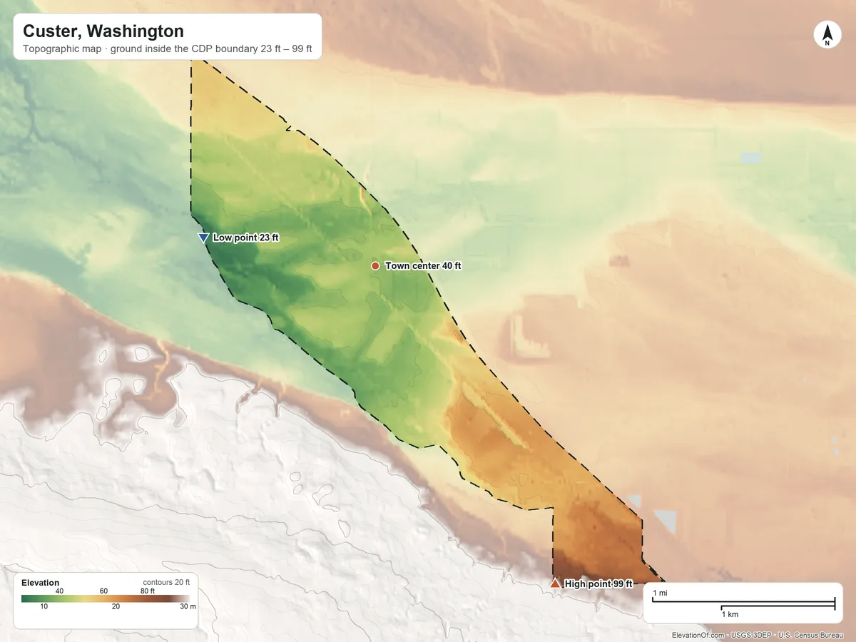 Topographic elevation map of Custer, Washington, shaded from 23 ft on the west side to 99 ft on the southeast side