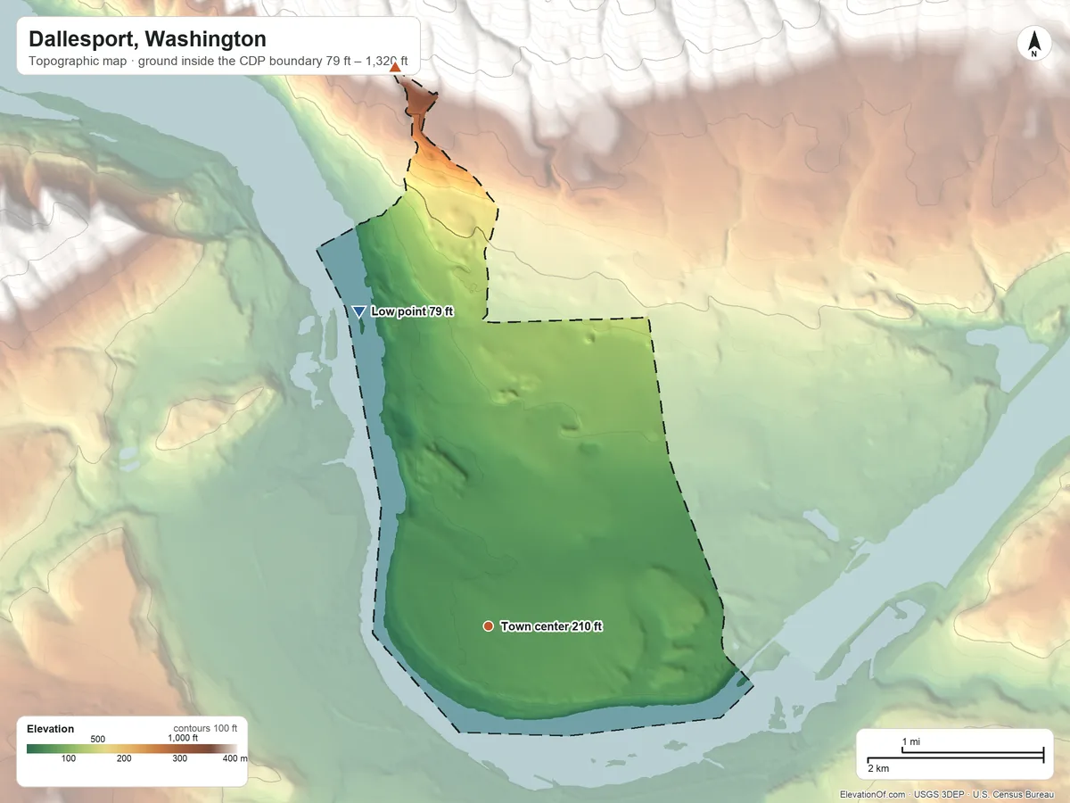 Topographic elevation map of Dallesport, Washington, shaded from 79 ft on the north side to 1,320 ft at the foot of the Columbia Hills