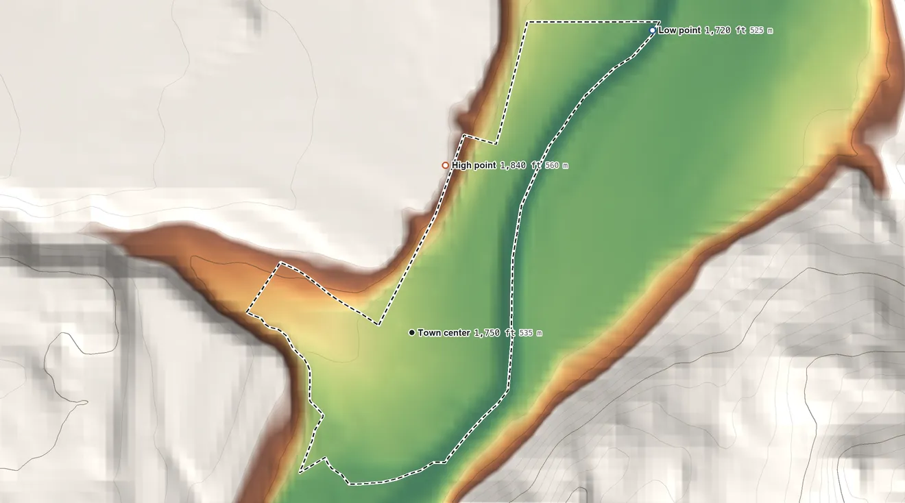 Topographic elevation map of Danville, Washington, shaded from 1,720 ft on the northeast side to 1,840 ft at the foot of the Kettle River Range