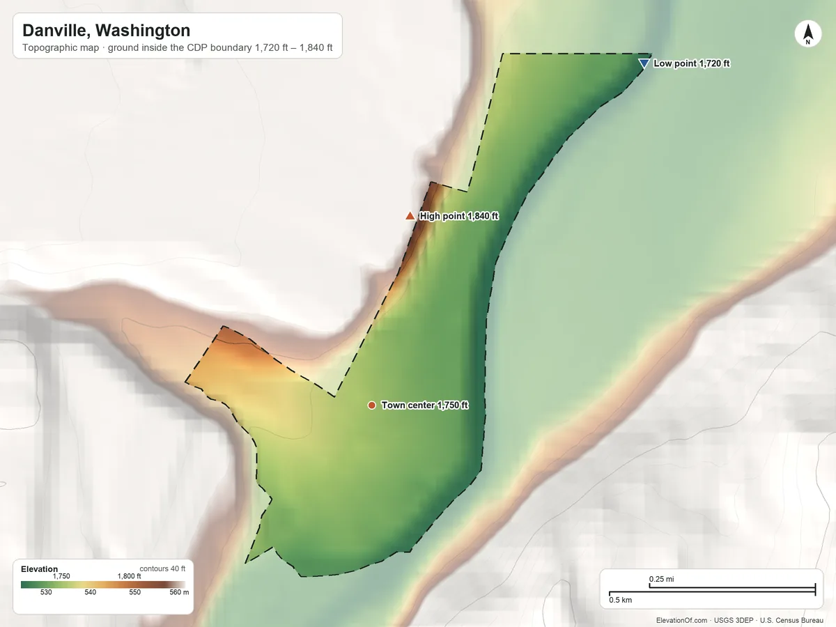 Topographic elevation map of Danville, Washington, shaded from 1,720 ft on the northeast side to 1,840 ft at the foot of the Kettle River Range