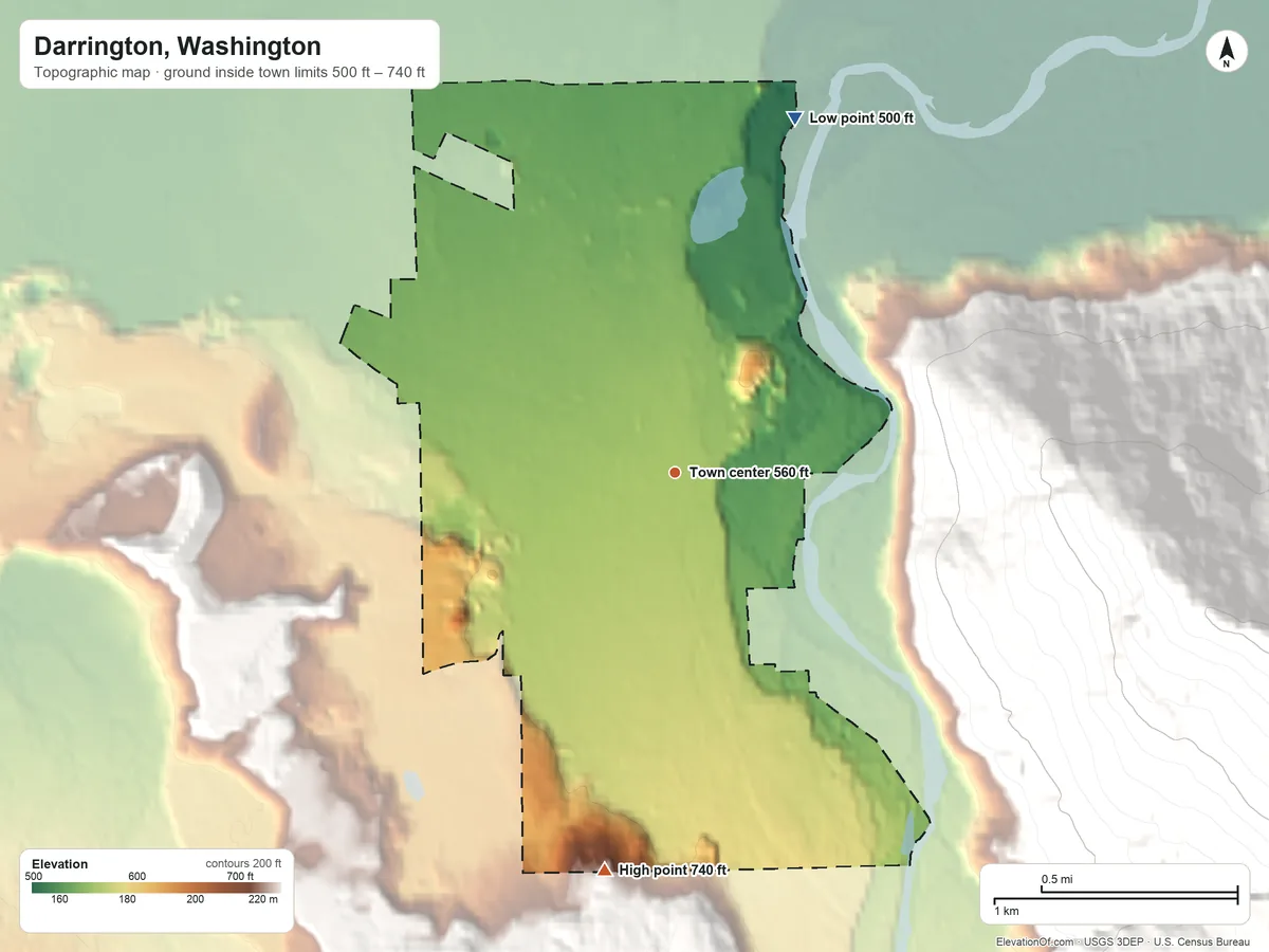 Topographic elevation map of Darrington, Washington, shaded from 500 ft on the north side to 740 ft on the south edge, below higher ground just outside