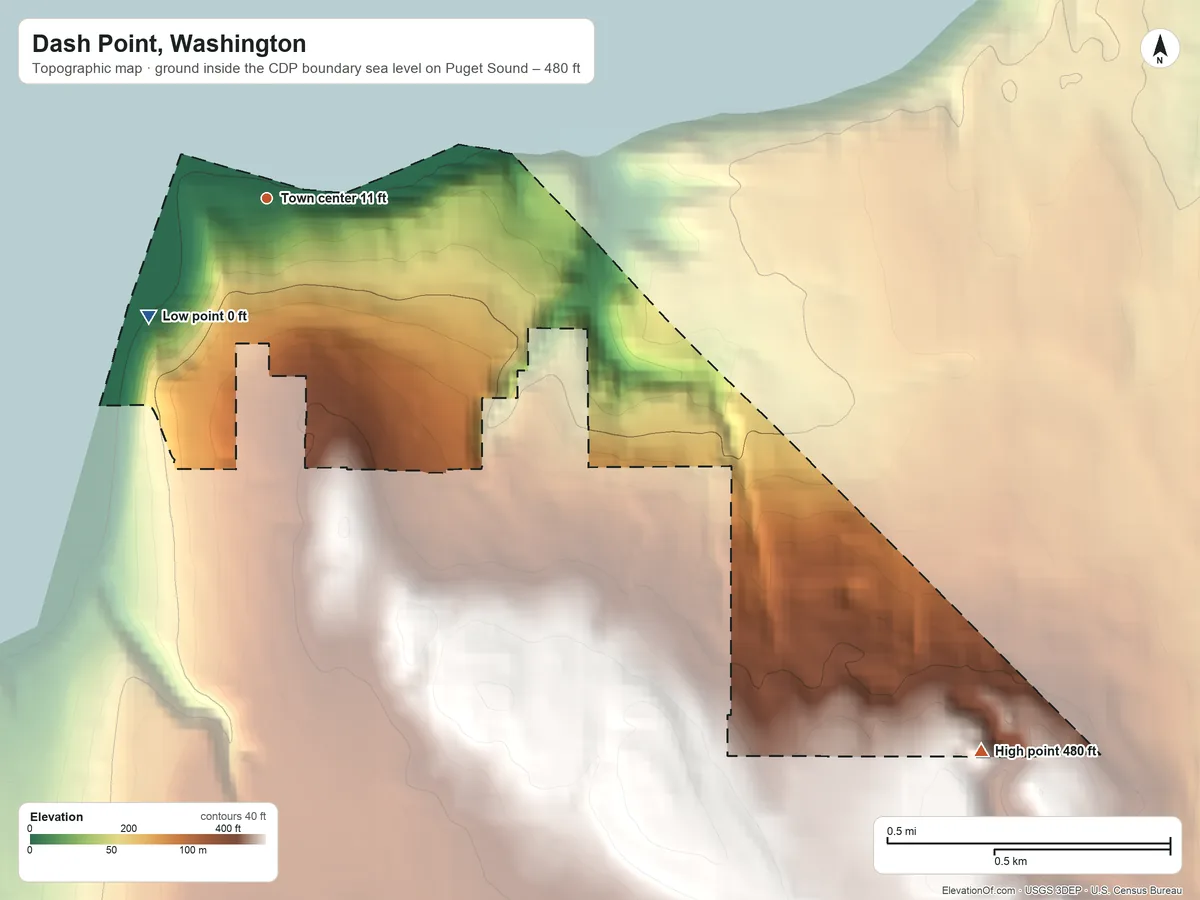 Topographic elevation map of Dash Point, Washington, shaded from sea level level on Puget Sound to 480 ft on the southeast side