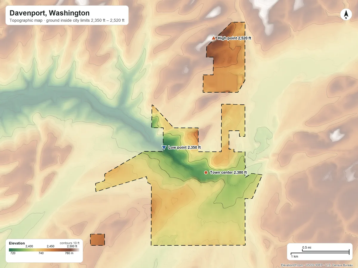 Topographic elevation map of Davenport, Washington, shaded from 2,350 ft on the northwest side to 2,520 ft on the north side