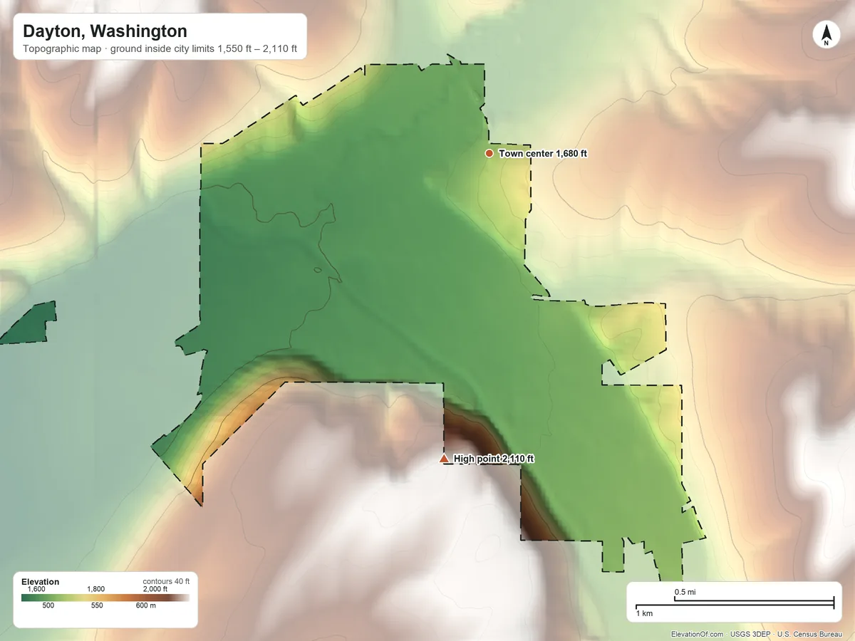 Topographic elevation map of Dayton, Washington, shaded from 1,550 ft on the west side to 2,110 ft on the south side