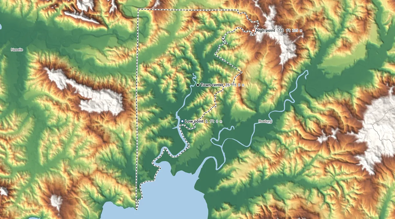 Topographic elevation map of Deep River, Washington, shaded from 1 ft on the southwest side to 740 ft on the northeast side