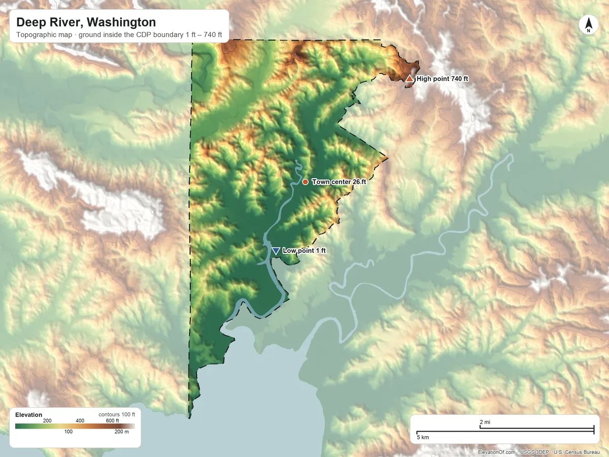 Topographic elevation map of Deep River, Washington, shaded from 1 ft on the southwest side to 740 ft on the northeast side