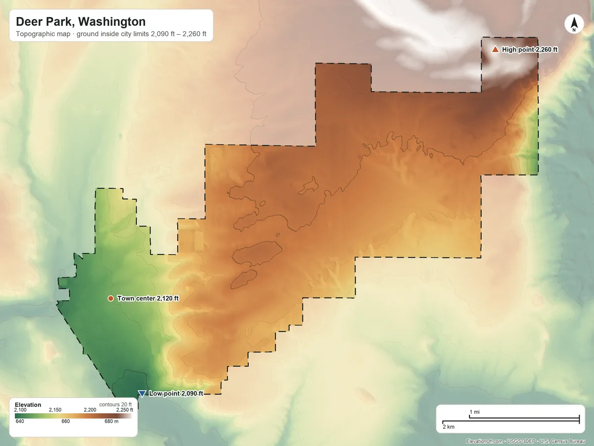 Topographic elevation map of Deer Park, Washington, shaded from 2,090 ft on the south side to 2,260 ft on the northeast side