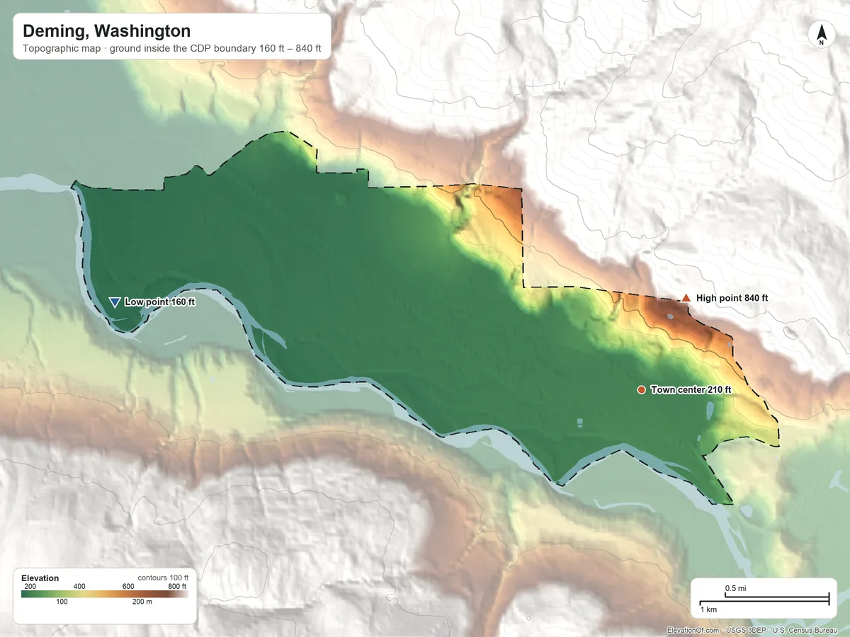 Topographic elevation map of Deming, Washington, shaded from 160 ft on the west side to 840 ft at the foot of the Twin Sisters Mountain