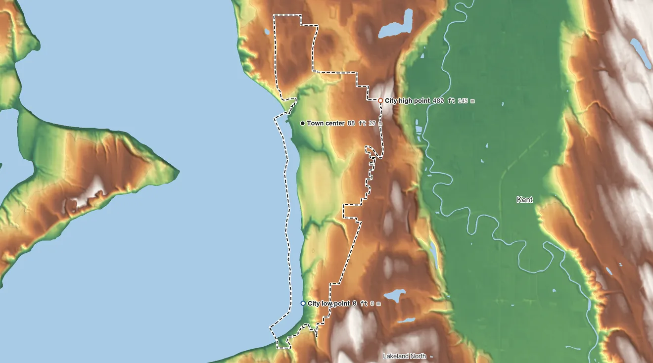 Topographic elevation map of Des Moines, Washington, shaded from sea level level on Puget Sound to 480 ft on the east side