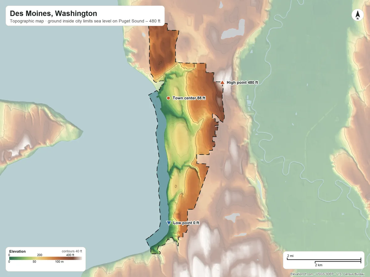 Topographic elevation map of Des Moines, Washington, shaded from sea level level on Puget Sound to 480 ft on the east side
