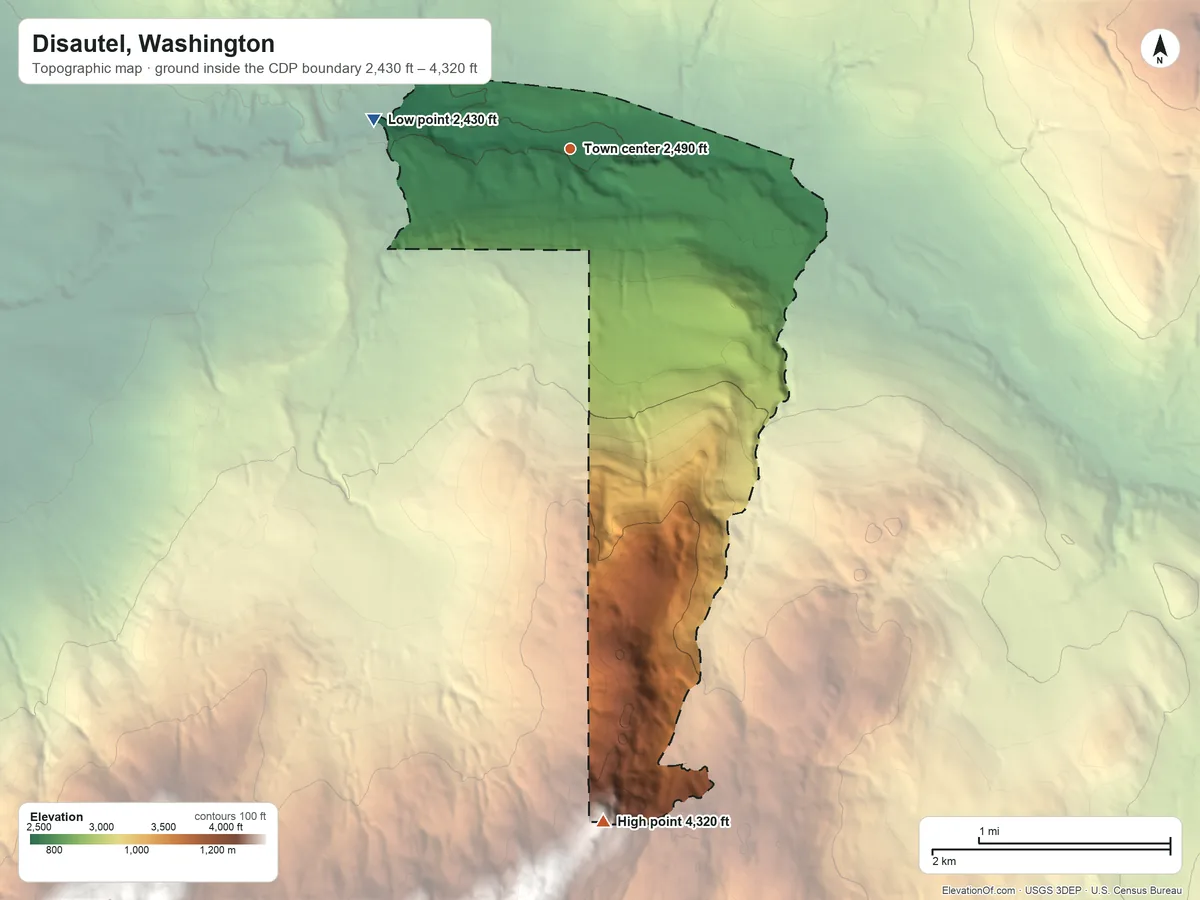 Topographic elevation map of Disautel, Washington, shaded from 2,430 ft on the west side to 4,320 ft on the south side