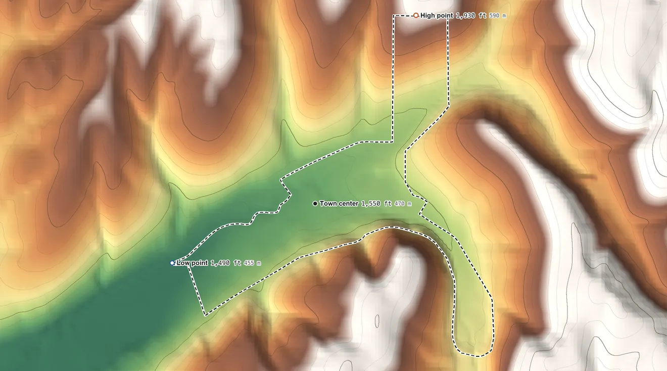 Topographic elevation map of Dixie, Washington, shaded from 1,490 ft on the southwest side to 1,930 ft on the northeast edge, below higher ground just outside