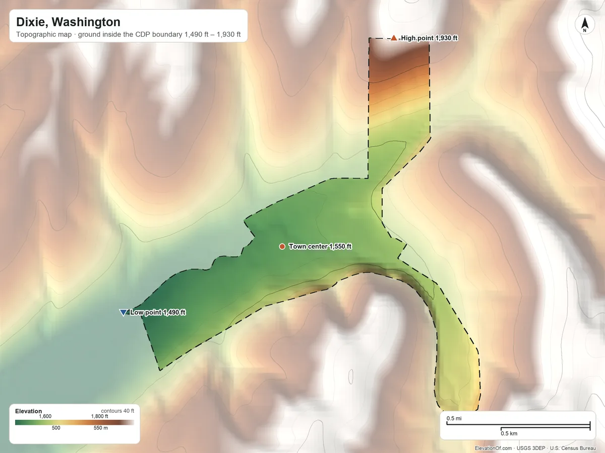 Topographic elevation map of Dixie, Washington, shaded from 1,490 ft on the southwest side to 1,930 ft on the northeast edge, below higher ground just outside