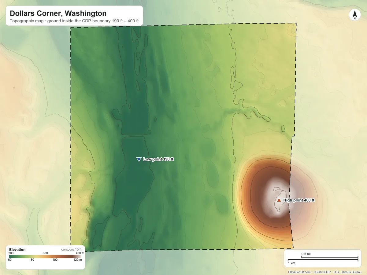 Topographic elevation map of Dollars Corner, Washington, shaded from 190 ft near the middle to 400 ft on the east side