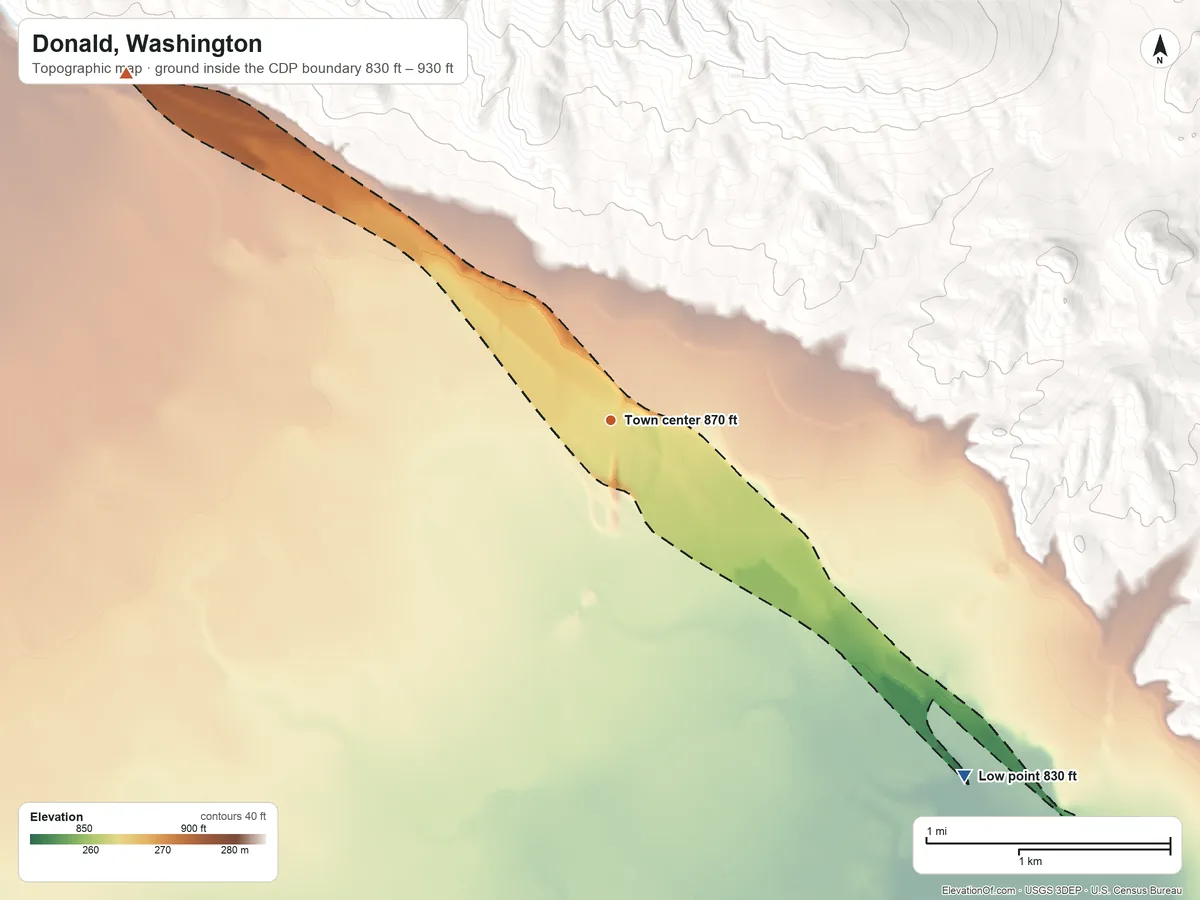 Topographic elevation map of Donald, Washington, shaded from 830 ft on the southeast side to 930 ft at the foot of the Rattlesnake Hills