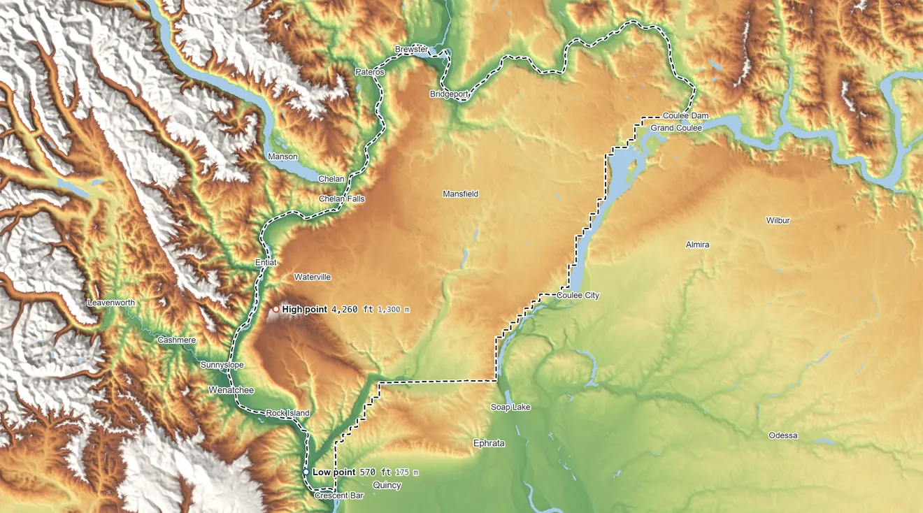Topographic elevation map of Douglas County, Washington, shaded from 570 ft on the southwest side to 4,260 ft on Badger Mountain