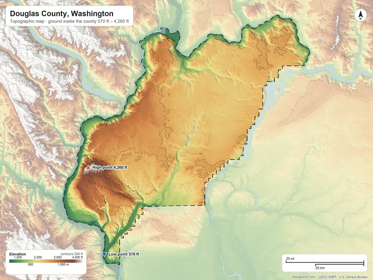 Topographic elevation map of Douglas County, Washington, shaded from 570 ft on the southwest side to 4,260 ft on Badger Mountain