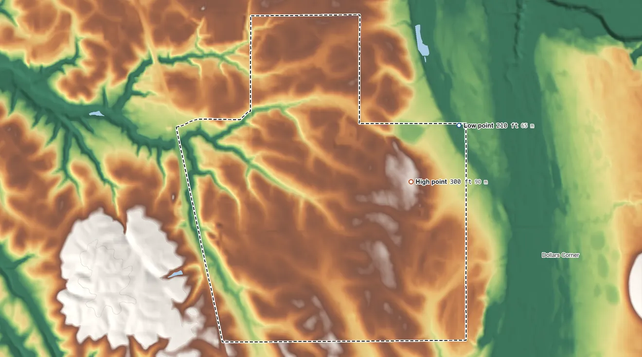 Topographic elevation map of Duluth, Washington, shaded from 210 ft on the northeast side to 300 ft on the northeast side