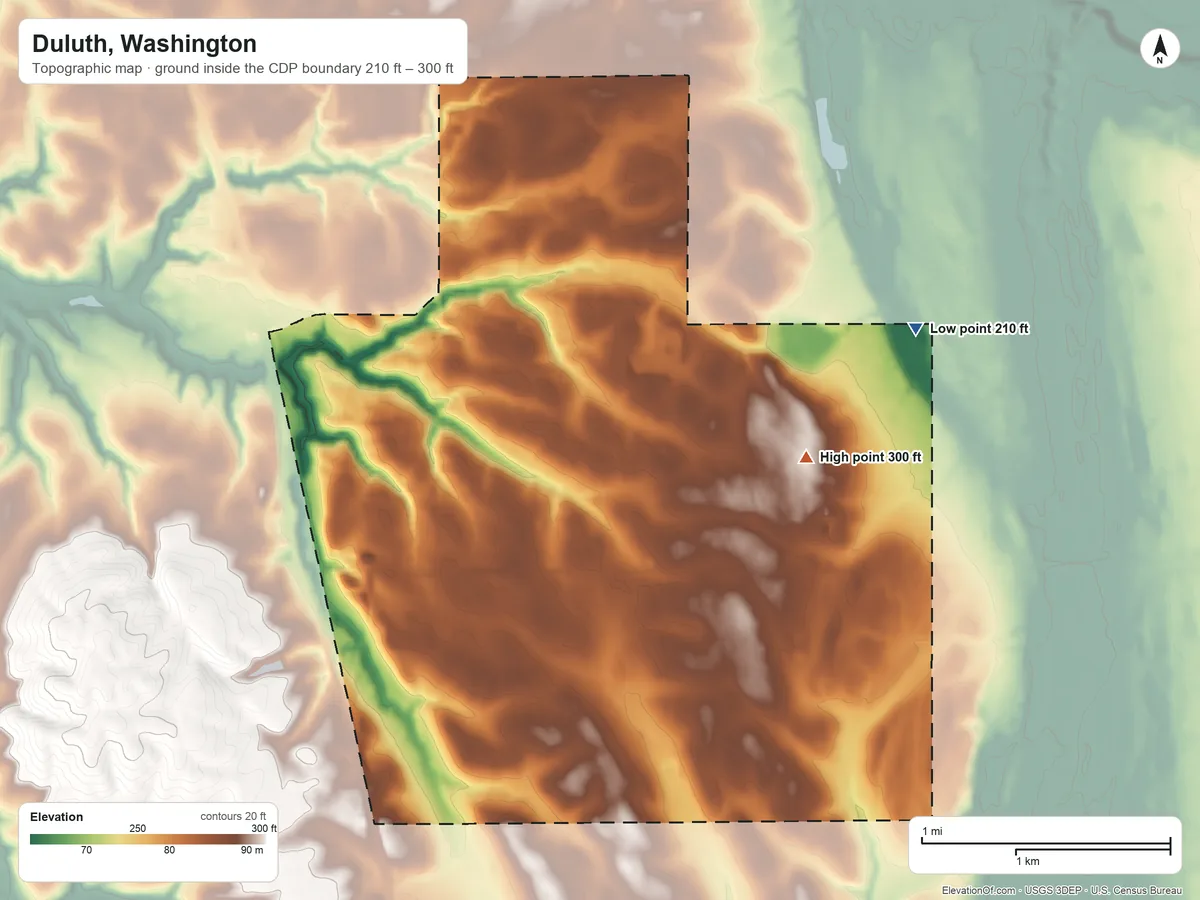 Topographic elevation map of Duluth, Washington, shaded from 210 ft on the northeast side to 300 ft on the northeast side