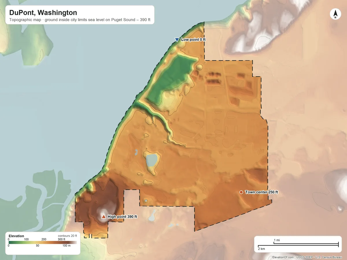 Topographic elevation map of DuPont, Washington, shaded from sea level level on Puget Sound to 390 ft on Hoffman Hill