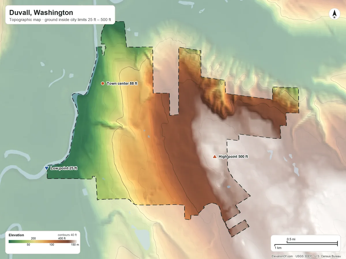 Topographic elevation map of Duvall, Washington, shaded from 25 ft on the southwest side to 500 ft on the southeast side