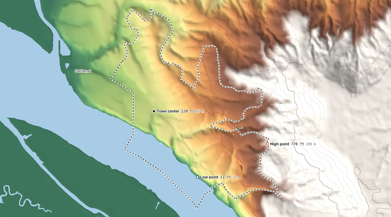 Topographic elevation map of East Cathlamet, Washington, shaded from 11 ft on the southeast side to 770 ft on the east edge, below higher ground just outside