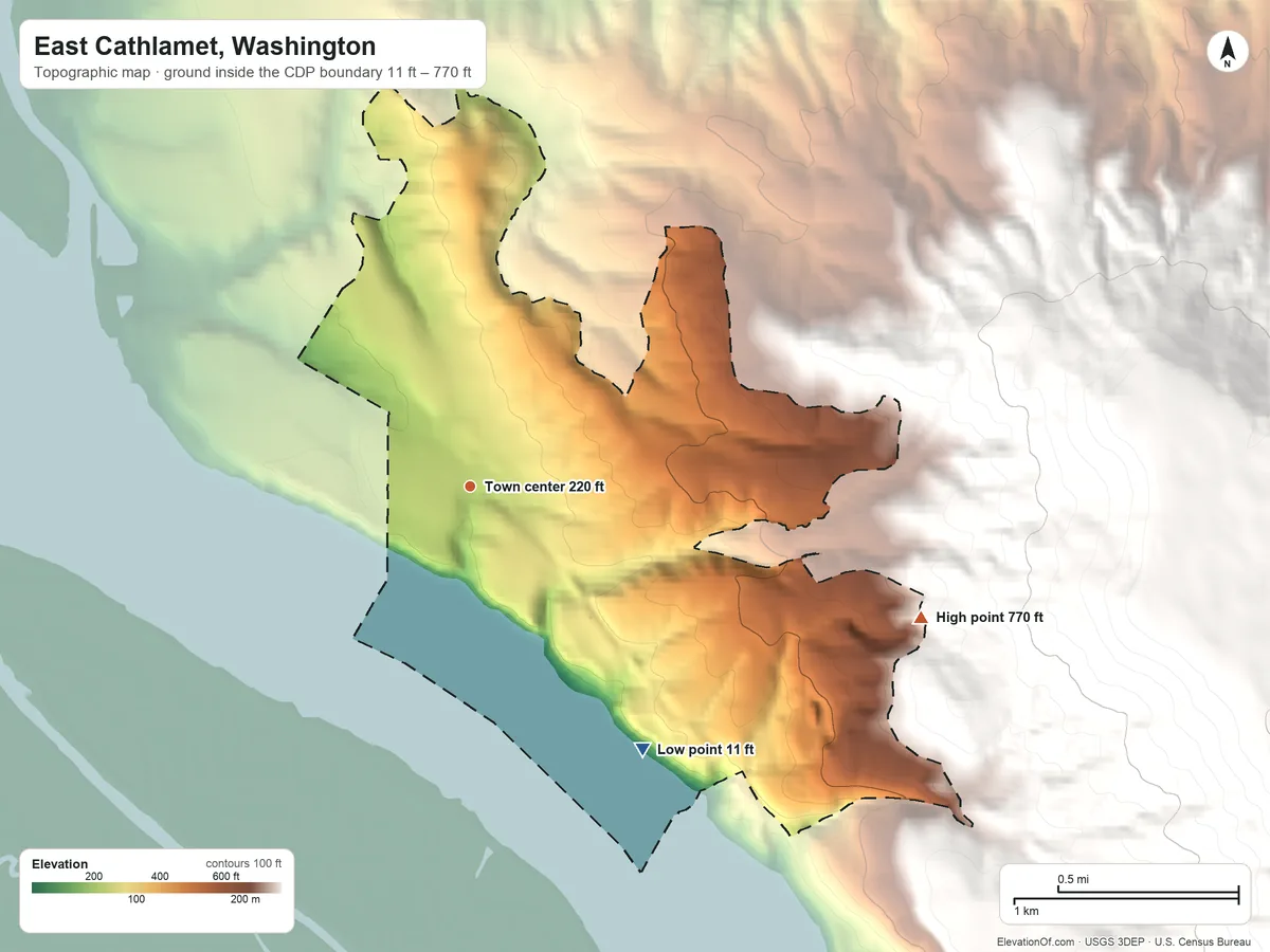 Topographic elevation map of East Cathlamet, Washington, shaded from 11 ft on the southeast side to 770 ft on the east edge, below higher ground just outside