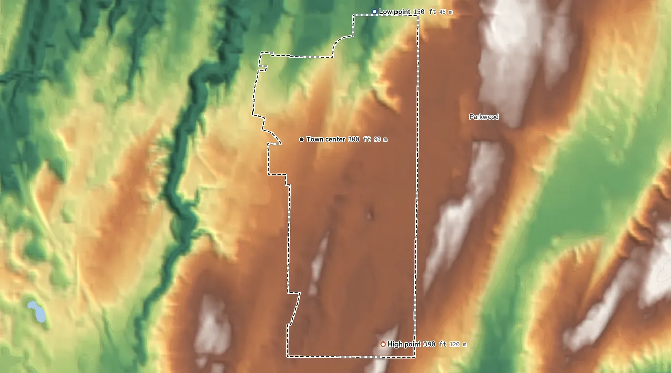 Topographic elevation map of East Port Orchard, Washington, shaded from 150 ft on the northeast side to 390 ft on the south side