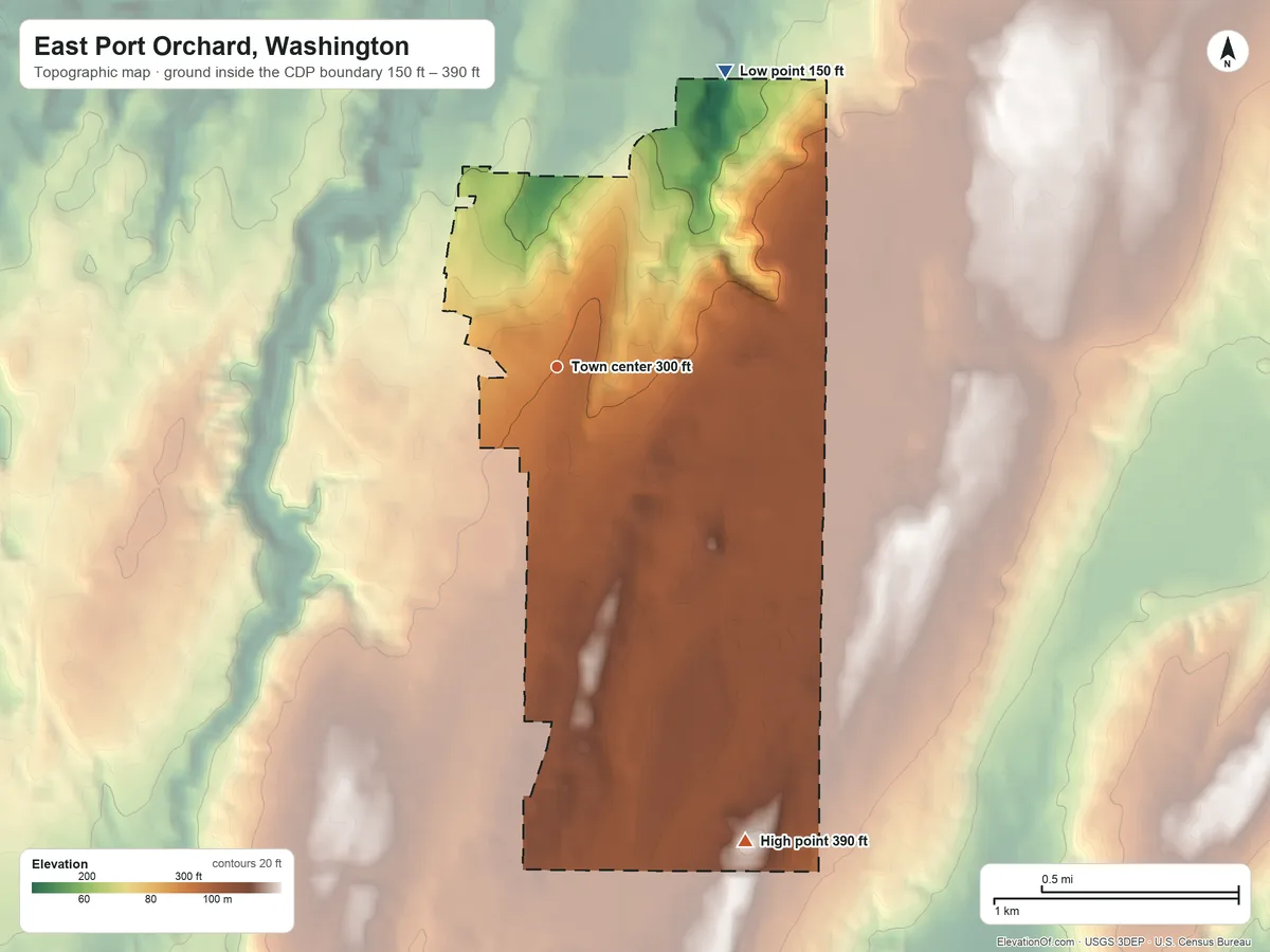 Topographic elevation map of East Port Orchard, Washington, shaded from 150 ft on the northeast side to 390 ft on the south side