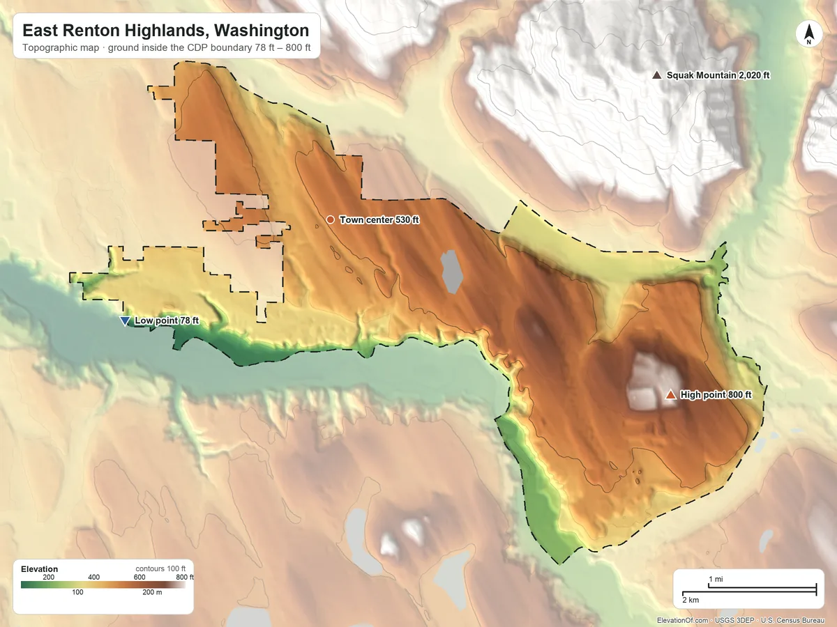 Topographic elevation map of East Renton Highlands, Washington, shaded from 78 ft on the southwest side to 800 ft on the southeast side