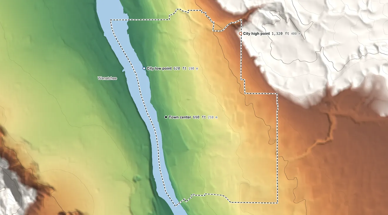 Topographic elevation map of East Wenatchee, Washington, shaded from 620 ft on the northwest side to 1,320 ft on the northeast edge, below higher ground just outside