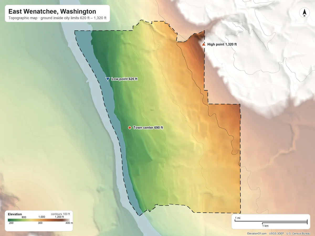 Topographic elevation map of East Wenatchee, Washington, shaded from 620 ft on the northwest side to 1,320 ft on the northeast edge, below higher ground just outside