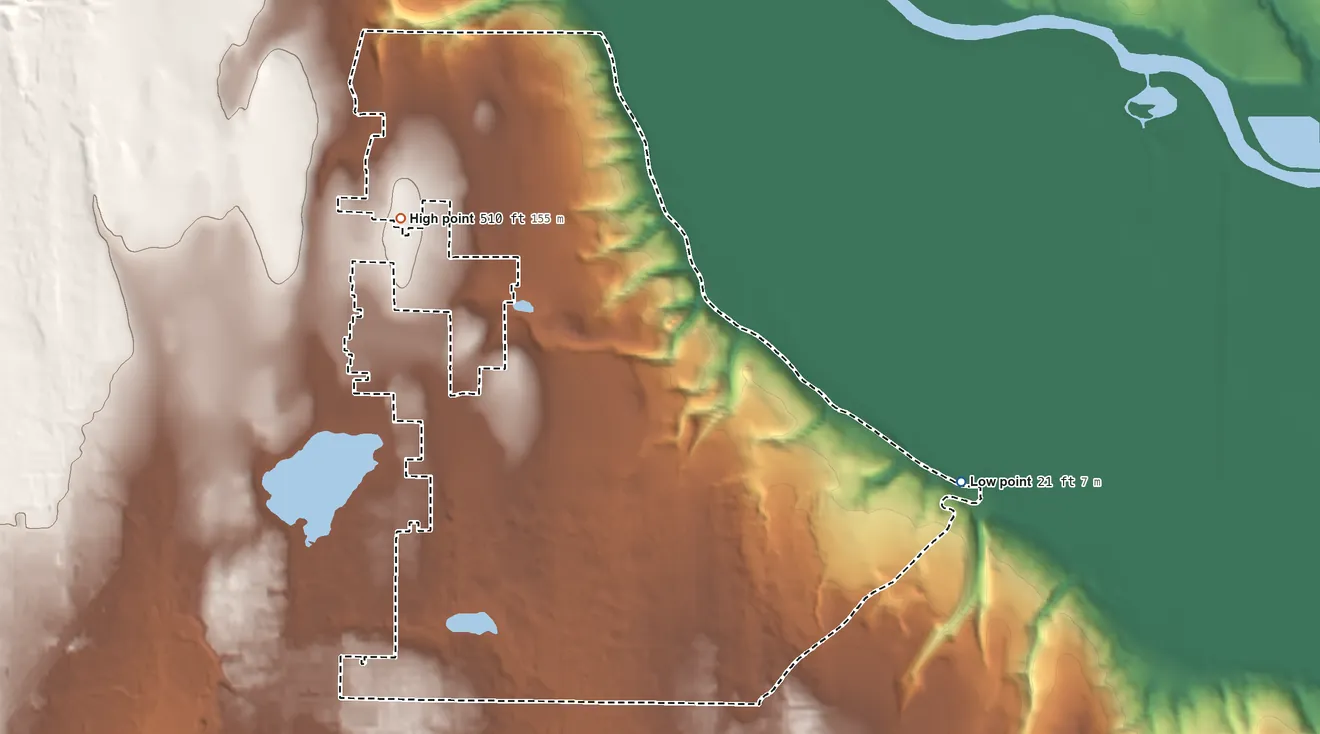 Topographic elevation map of Eastmont, Washington, shaded from 21 ft on the east side to 510 ft on the northwest side