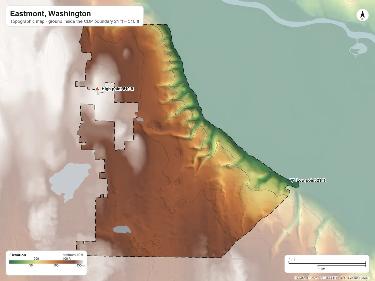 Topographic elevation map of Eastmont, Washington, shaded from 21 ft on the east side to 510 ft on the northwest side