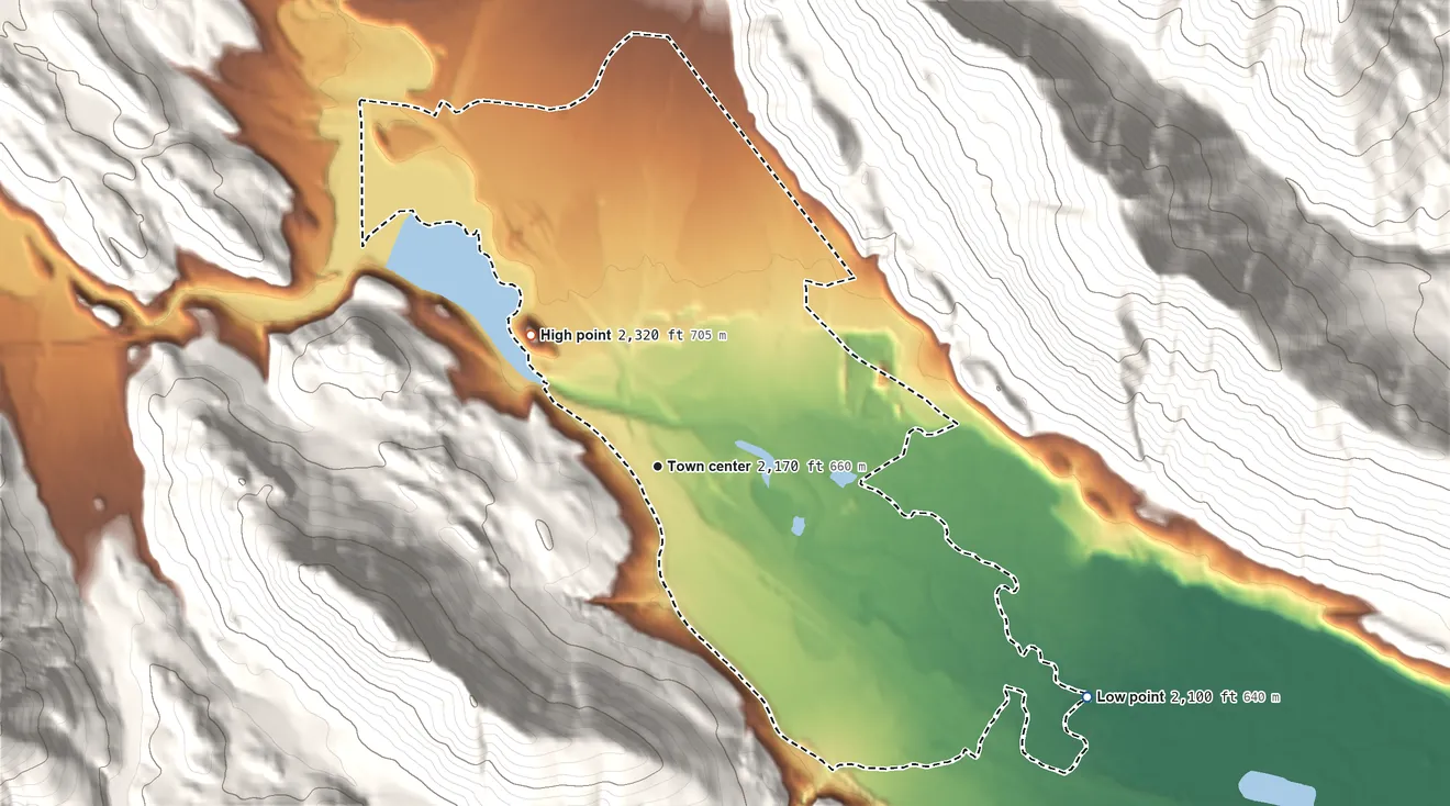 Topographic elevation map of Easton, Washington, shaded from 2,100 ft on the southeast side to 2,320 ft on the northwest edge, below higher ground just outside