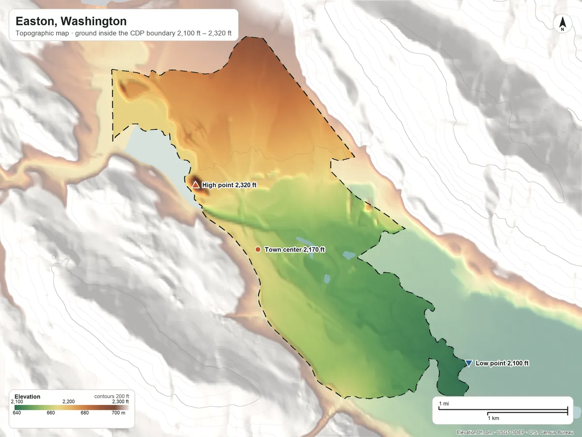 Topographic elevation map of Easton, Washington, shaded from 2,100 ft on the southeast side to 2,320 ft on the northwest edge, below higher ground just outside