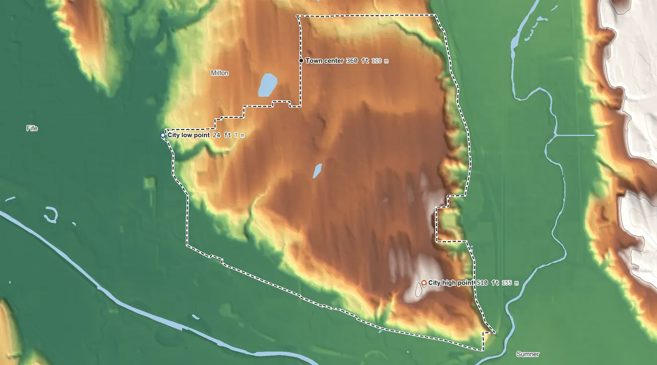 Topographic elevation map of Edgewood, Washington, shaded from 24 ft on the southwest side to 510 ft on the southeast side