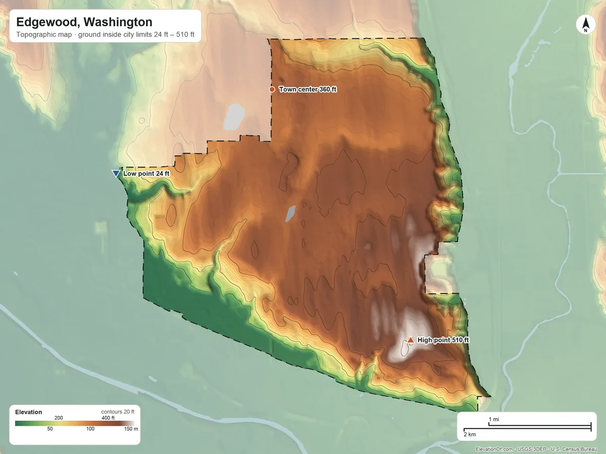 Topographic elevation map of Edgewood, Washington, shaded from 24 ft on the southwest side to 510 ft on the southeast side