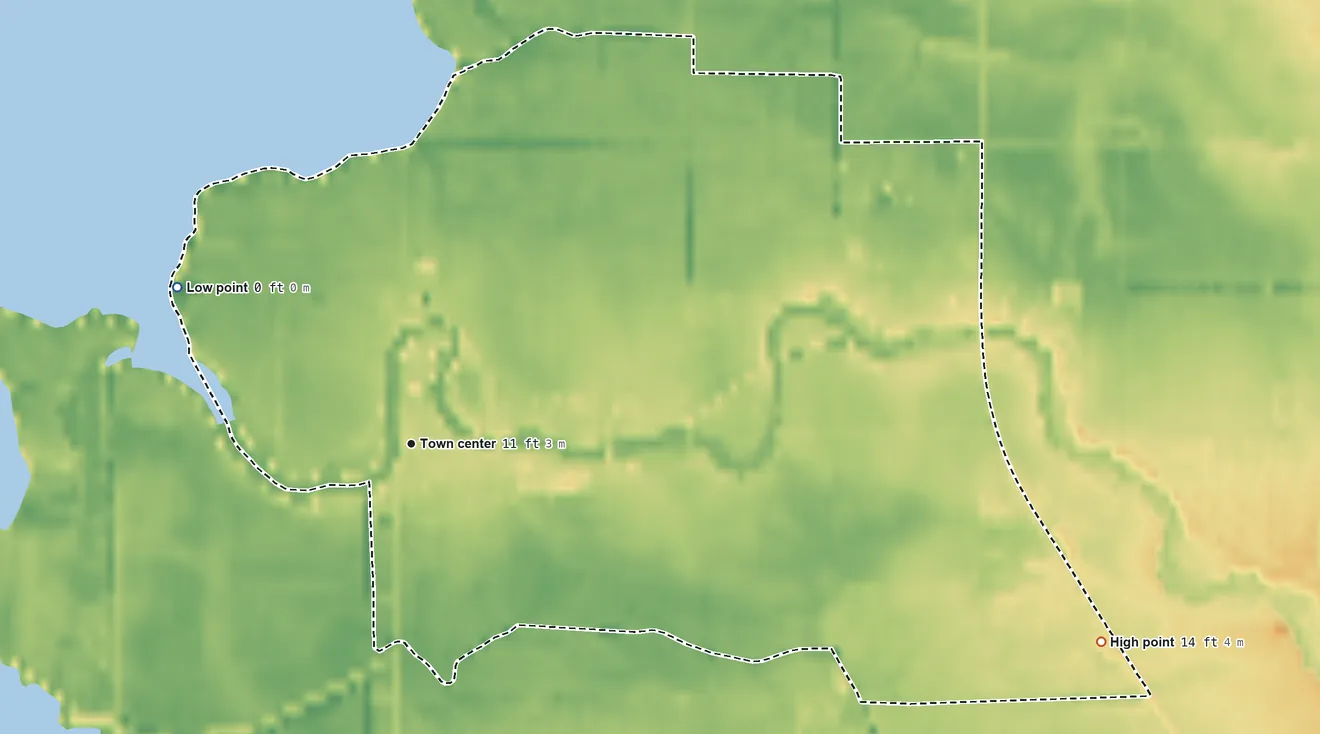 Topographic elevation map of Edison, Washington, shaded from sea level level on the Salish Sea to 14 ft on the east side
