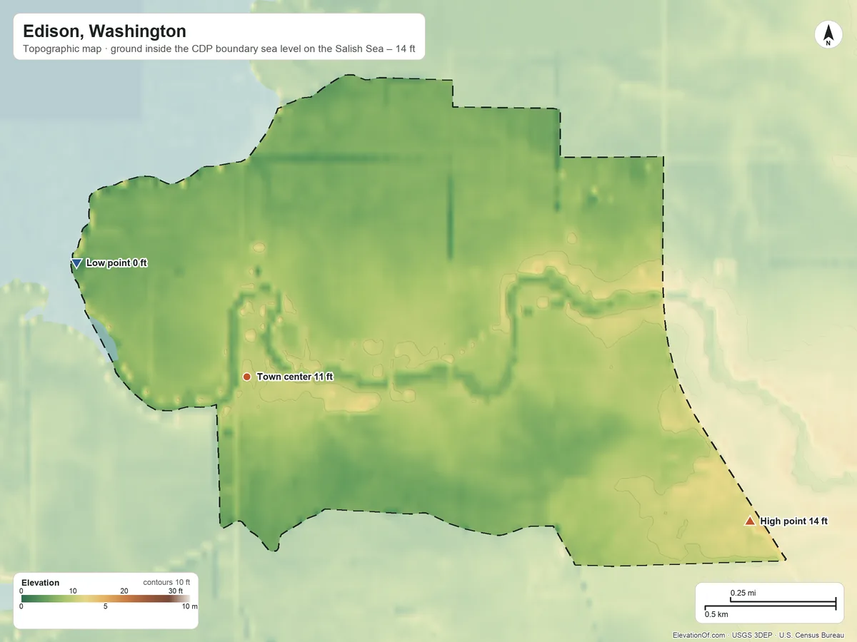 Topographic elevation map of Edison, Washington, shaded from sea level level on the Salish Sea to 14 ft on the east side