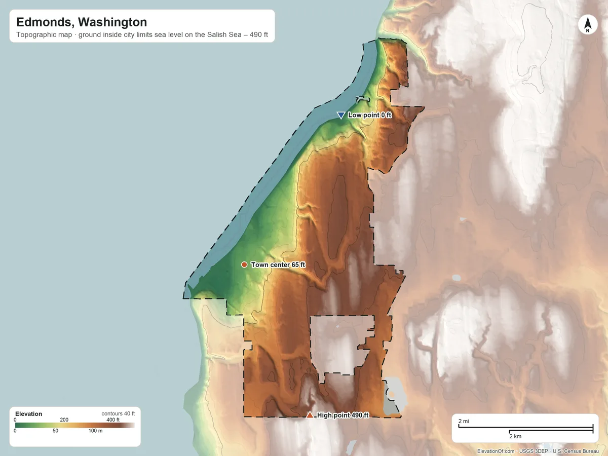 Topographic elevation map of Edmonds, Washington, shaded from sea level level on the Salish Sea to 490 ft on the southeast side
