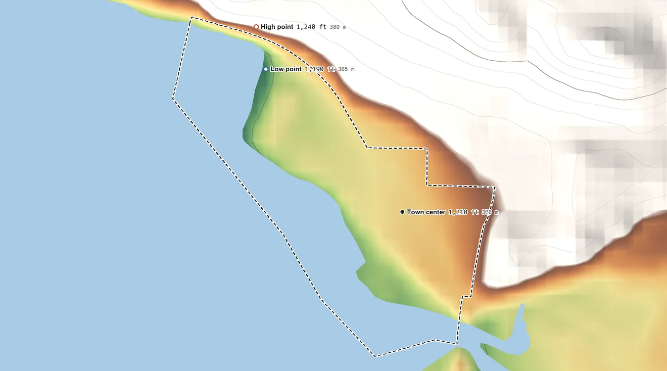 Topographic elevation map of Elbe, Washington, shaded from 1,190 ft on the northwest side to 1,240 ft on the northwest edge, below higher ground just outside