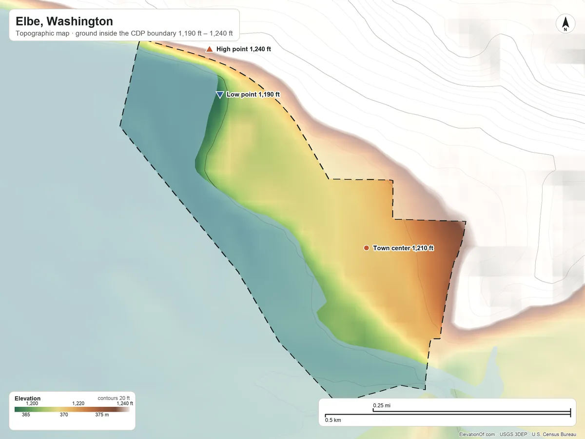 Topographic elevation map of Elbe, Washington, shaded from 1,190 ft on the northwest side to 1,240 ft on the northwest edge, below higher ground just outside
