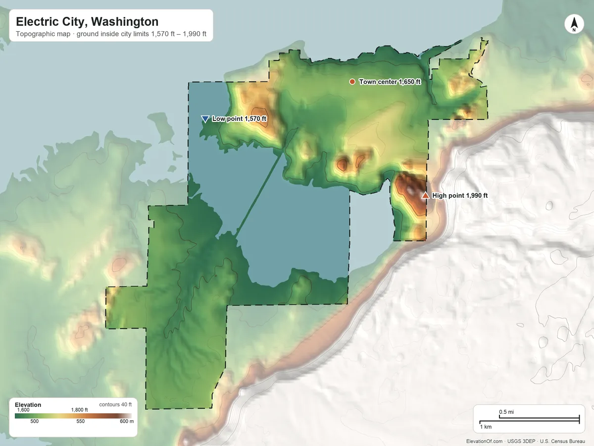 Topographic elevation map of Electric City, Washington, shaded from 1,570 ft on the west side to 1,990 ft on the southeast edge, below higher ground just outside