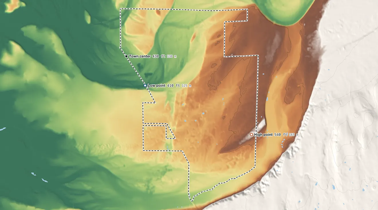 Topographic elevation map of Elk Plain, Washington, shaded from 410 ft on the southeast side to 540 ft on the southeast edge, below higher ground just outside