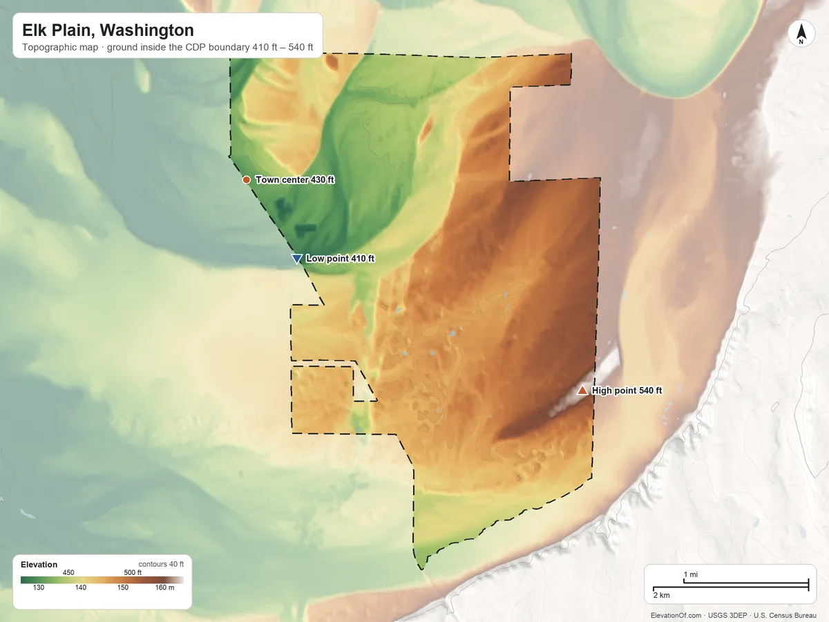 Topographic elevation map of Elk Plain, Washington, shaded from 410 ft on the southeast side to 540 ft on the southeast edge, below higher ground just outside