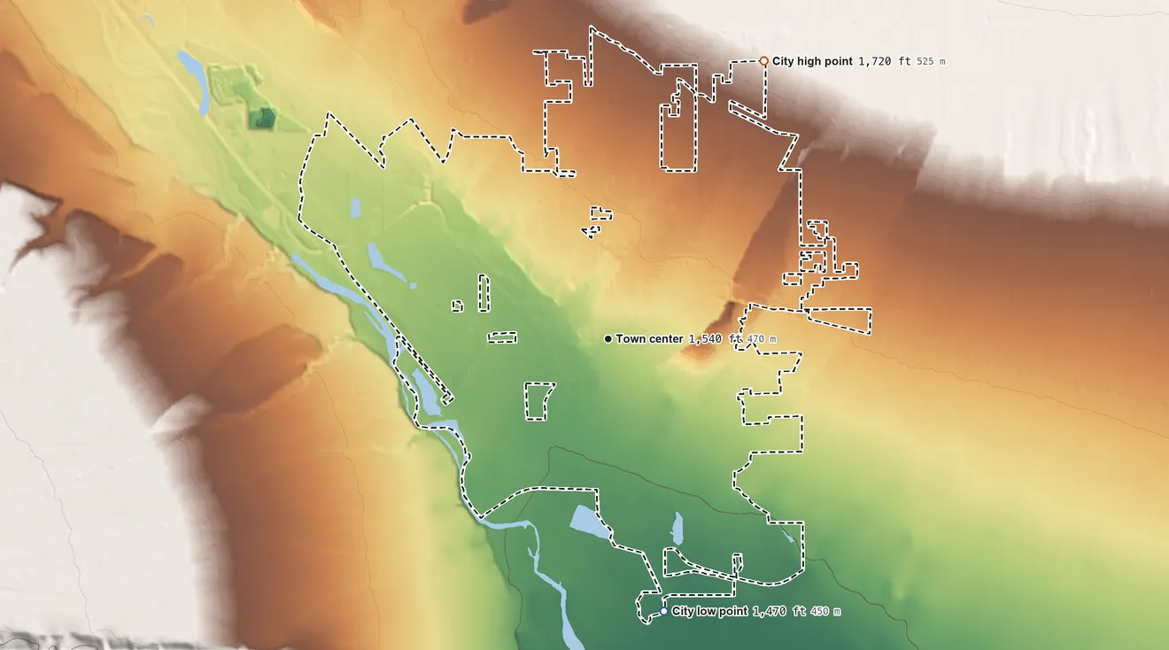 Topographic elevation map of Ellensburg, Washington, shaded from 1,470 ft on the south side to 1,720 ft on the northeast side